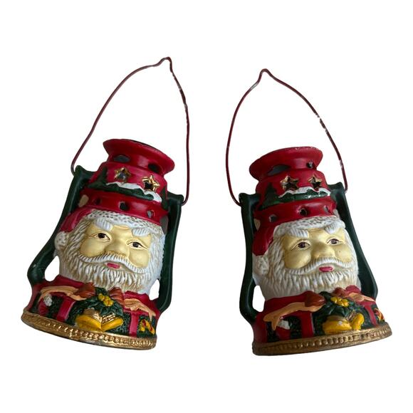 2 Ceramic Santa Head Votive Candle Holder Lanterns Handle Christmas Tea Light - Picture 1 of 11